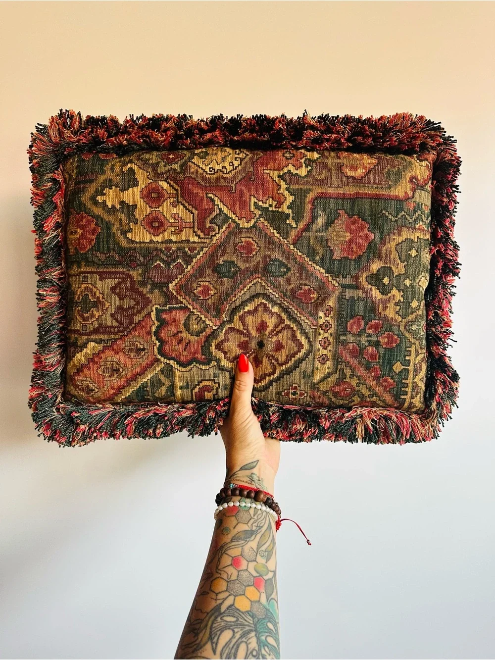 Vintage Chenille Tapestry Pillow Kilim Turkish Rug Pattern Fringe Boho 20x15